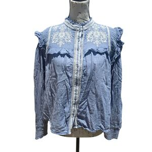 MNG Mango Embroidered Blouse Ruffle Trim Long Sleeve Button Down Top Blue Size L